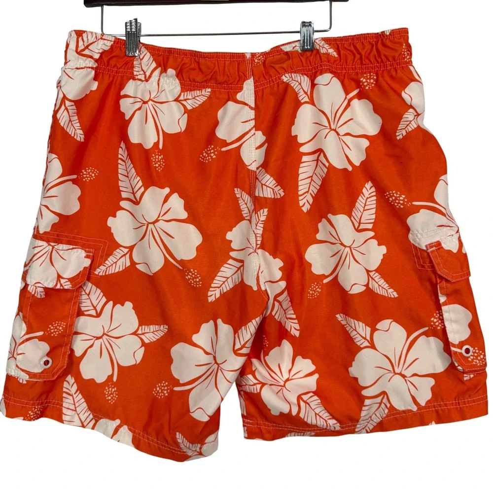 OP L Swim Trunks Orange Hibiscus‎ Floral Cargo Board Shorts Surf Beach Hawaiian
